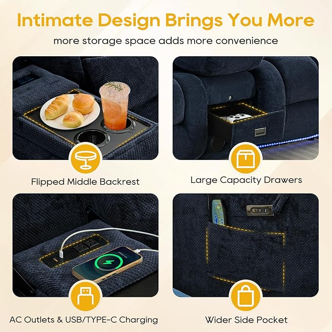 IPKIG 67" Power Reclining Loveseat Sofa, Electric Home Theater Seating with Console/4 Colors Ambient Lighting/Bluetooth Speakers/USB Ports/Built-in Outlets (Navy Blue, Loveseat Recliner)