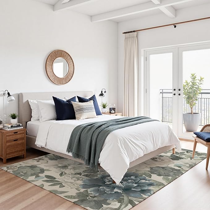 Boho Floral Area Rug 8x10 - Hand-Drawn Gray Green Blooms on Cream, Low-Pile Non-Slip Carpet, Machine Washable for Living Room & Bedroom Vintage Decor.