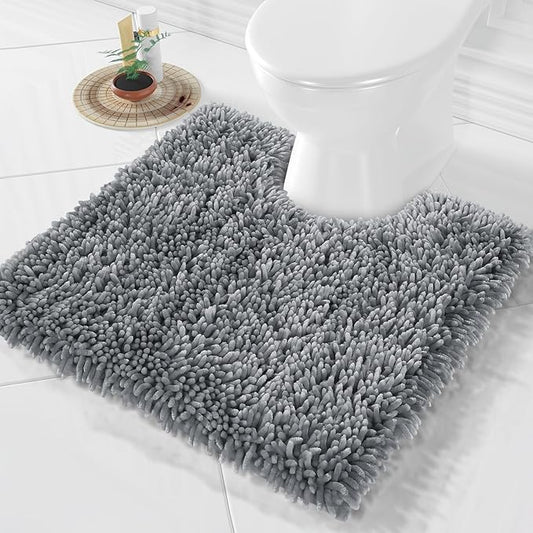 Yimobra Toilet Rugs U Shaped Washable, Extra Thick Soft Absorbent Chenille Contour Bathroom Rugs for Toilet 24x24 Inch, Quick Dry Non Slip Toilet Mat for Bath Floor, Silver