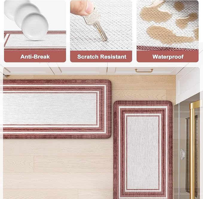 KIMODE Anti Fatigue Kitchen Mats for Floor 2 Piece, Christmas Farmhouse Kitchen Rugs, Padded Kitchen Floor Mats, Standing Desk Mats for Laundry Office Sink Red 17"x47"+17"x29"