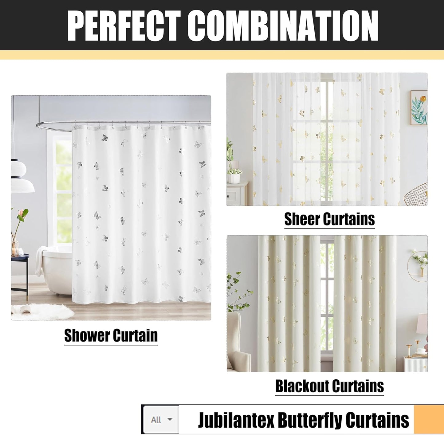 Jubilantex Butterfly Shower Curtain for Bathroom, White Silver Print Farmhouse Waterproof Bathroom Decorative Rustic Kids Shower Curtain with 12 Rust Proof Grommets for Spa Hotel, 70x72 Inches