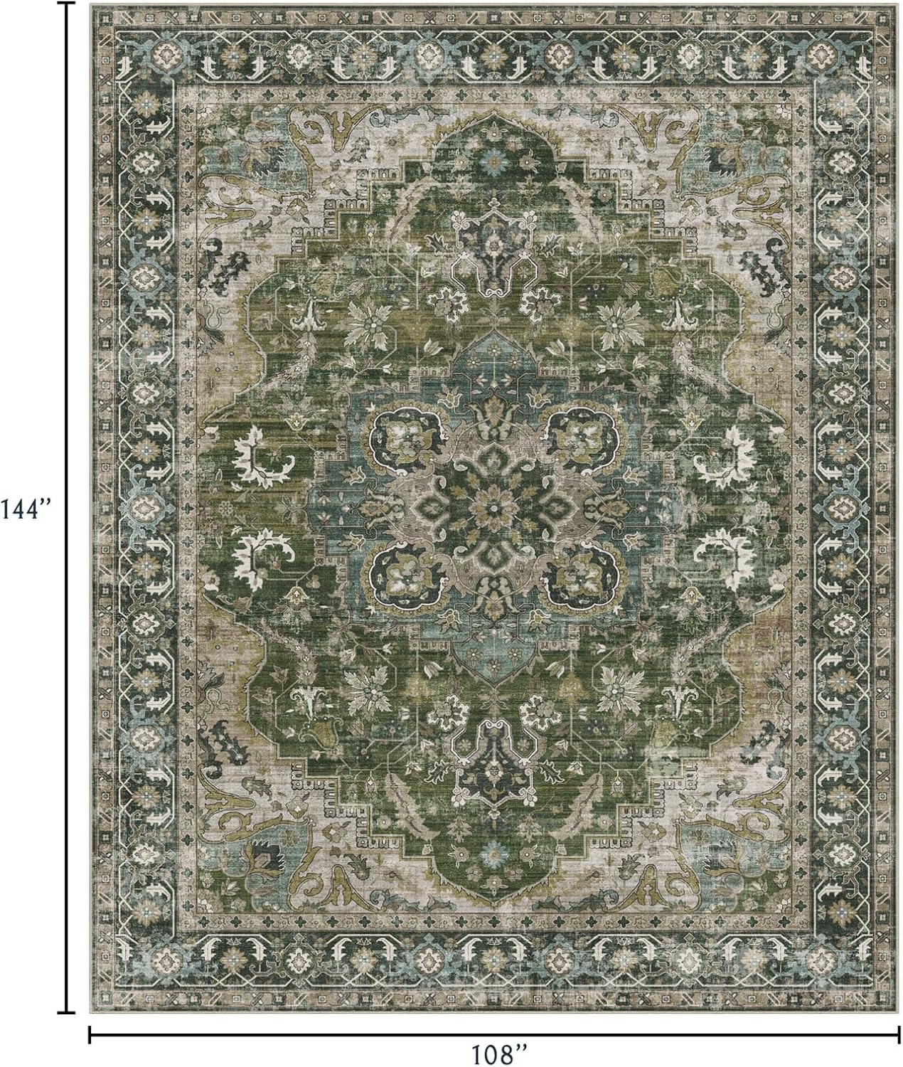 Area Rugs 9x12 Living Room - Large Washable Moss Green Boho Rugs for Bedroom Soft Vintage Rug Ultra-Thin Farmhouse Oriental Carpet Stain Resistant Rug for Dining Room Guest Room Home Decor