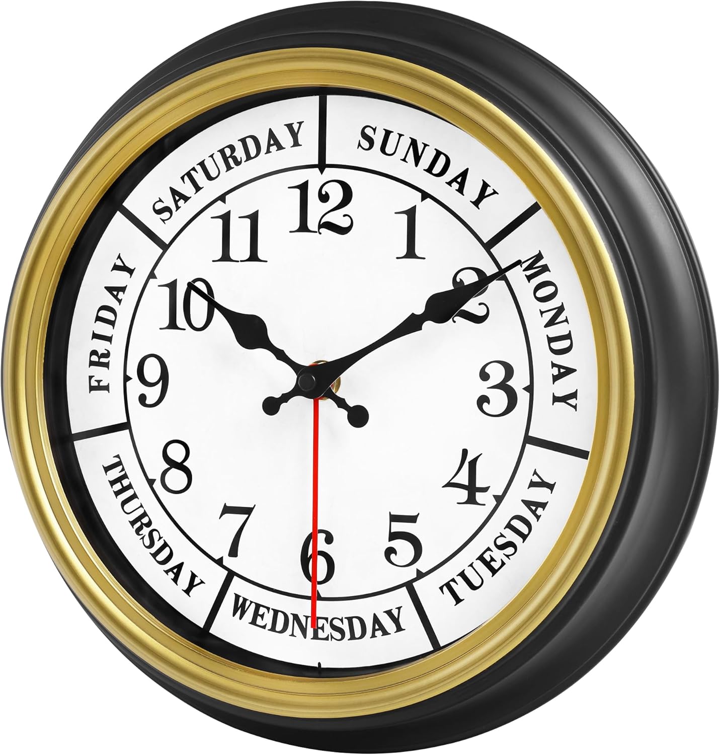 45MinST 12 Inches Retro Wall Clock,Day of The Week Wall Clock,Calendar Day Clock,Silent Non Ticking Battery Operated Movement(Gold)