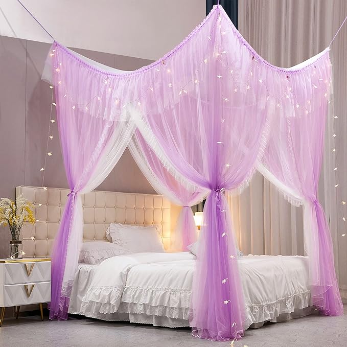 VETHIN 4 Corners Post Ruffle Princess Bed Canopy Curtain-Double Layer Cozy Drape Netting 4 Opening Mosquito Net for Girls Adults Bedroom Decoration (Double-Purple, 47" W*78" L*82" H/Twin)