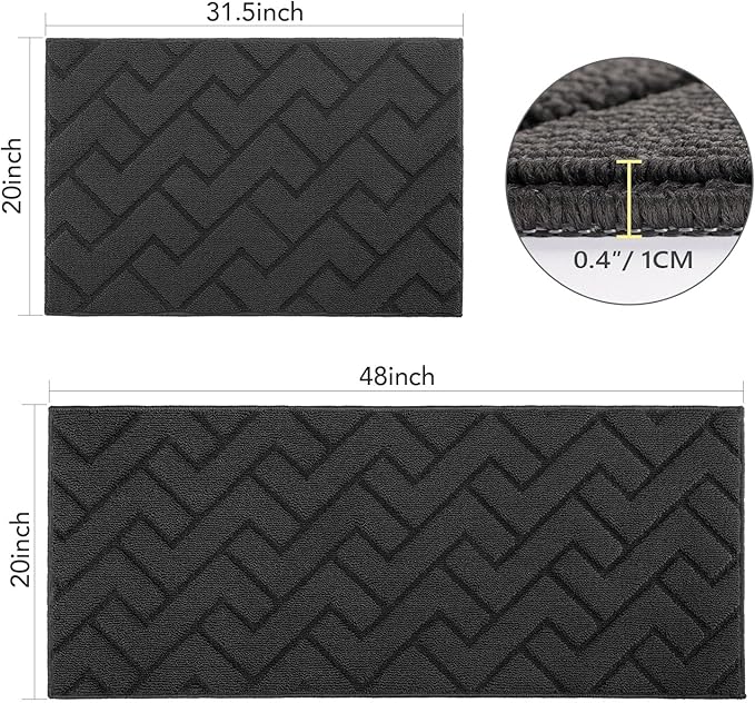 hicorfe Kitchen Rugs and Mats Sets,2 Pieces Super Absorbent Polypropylene Non-Slip Rug,Soft Comfort Floor Mat,Machine Wash for Kitchen,Hallway,Office,Sink,Laundry(20" x 31.5"+20" x 48",Charcoal)