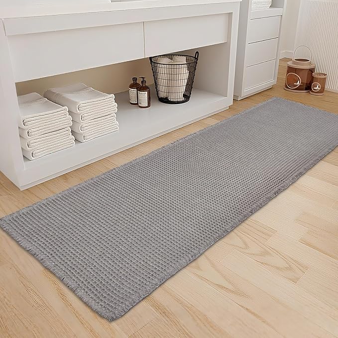 ZALL Grey Waffle Bath Mat,Super Absorbent Non Slip Long Bathroom Runner Rug,Gray 24X72inch,Machine Washable Ultra Soft Floor Mats