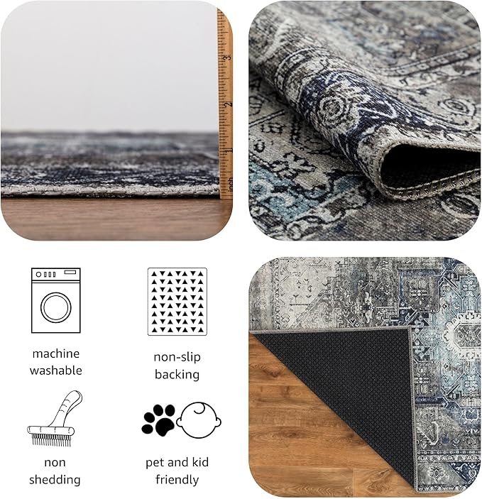 Keen Home Design 2x10 Rug - Machine Washable Runner Rug with Non-Slip Backing, Ideal for Hallway, Entryway, Kitchen, Laundry Room - Vintage, Easy Clean, Durable, Low Pile - (2'6" x 10')