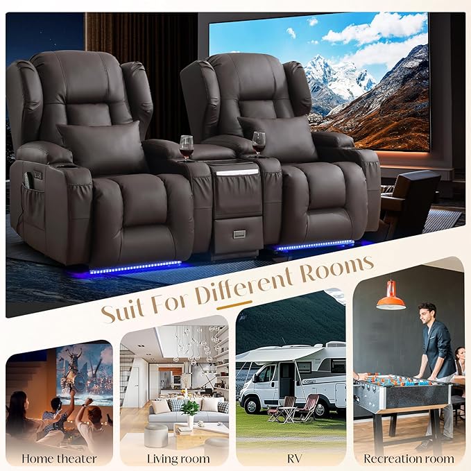 Wall Hugger Power Recliner Chair, Home Theater Seating Electric Recliing Sofa with Massage & Heat, Cup Holder, USB Port, LED Ambient Light, Storage for Living Room (Brown, 3 Chairs)