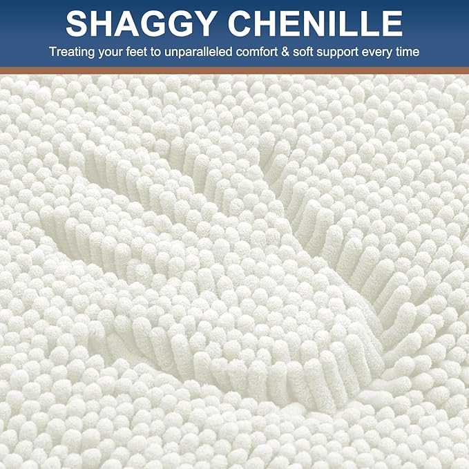 Smiry Luxury Chenille Bathroom Rugs 34x21, Extra Soft and Absorbent Shaggy Bath Mat, Machine Washable, Non-Slip Plush Carpet Runner for Tub, Shower, and Floor, Home Decor Accessories, Ivory