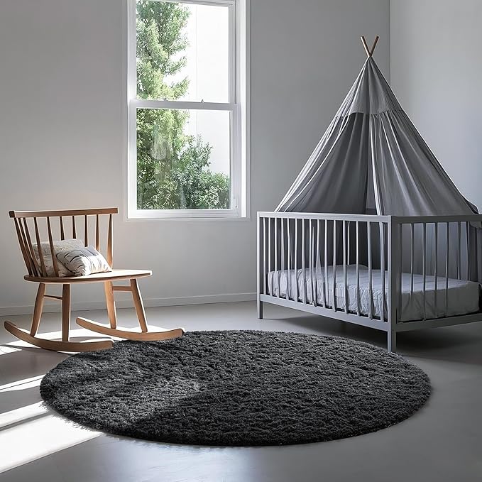 Ophanie Round Rug 4Ft Black Circle Area Rug, Room Decor for Men, Fluffy Fuzzy Bedroom Carpet, Plush Soft Shaggy Living Room Rugs for Kids Home Decor Aesthetic, Nursery