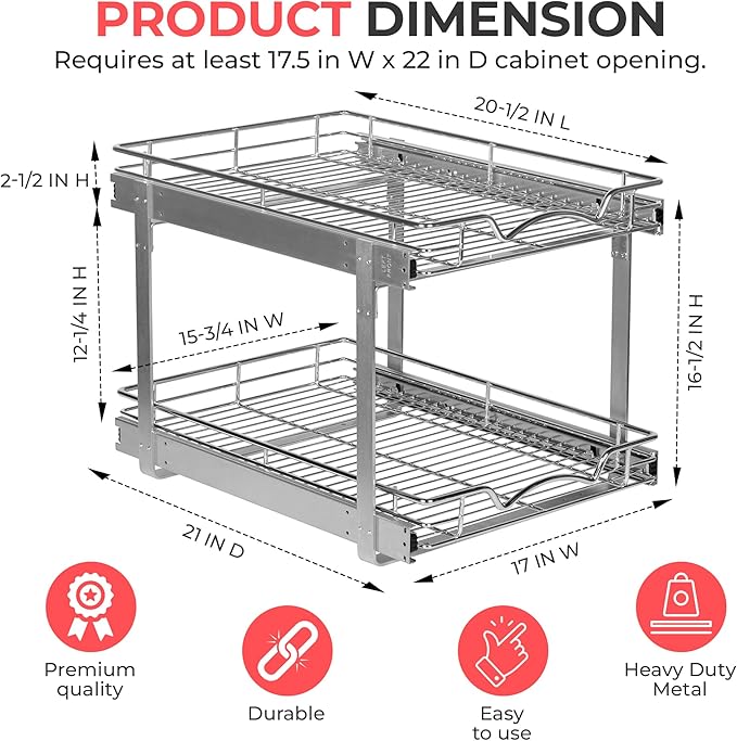 HOLDN’ STORAGE Two Tier Pull Out Cabinet Organizer, Individual Sliding Drawers - Heavy Duty Metal with Lifetime Limited Warranty - Anti Rust Chrome Finish - 17.5" W x 21”D x 16.5" H