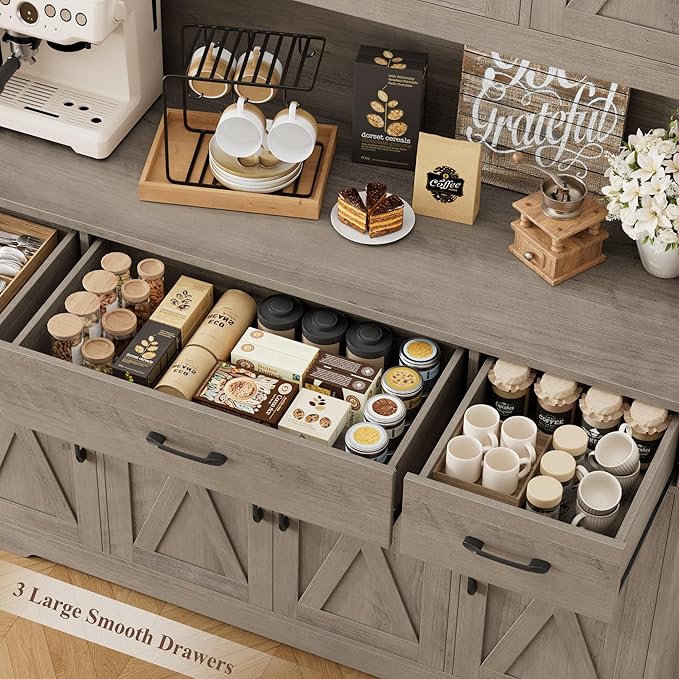 HOSTACK 71" Tall Kitchen Pantry Storage Cabinet with Charging Station, 55" Wide Kitchen Hutch Cabinet with Large Countertop, Farmhouse Food Pantry with Drawers for Living Room, Ash Grey