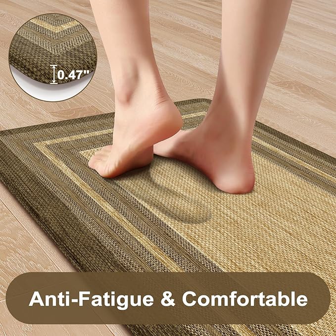 KIMODE Anti Fatigue Cushioned Kitchen Mats for Floor 2 Piece, Boho Vintage Kitchen Rugs Non Skid, Comfort Memory Foam Standing Desk Mats for Laundry Office Sink 17.3"x29"+17.3"x59" Brown/Khaki