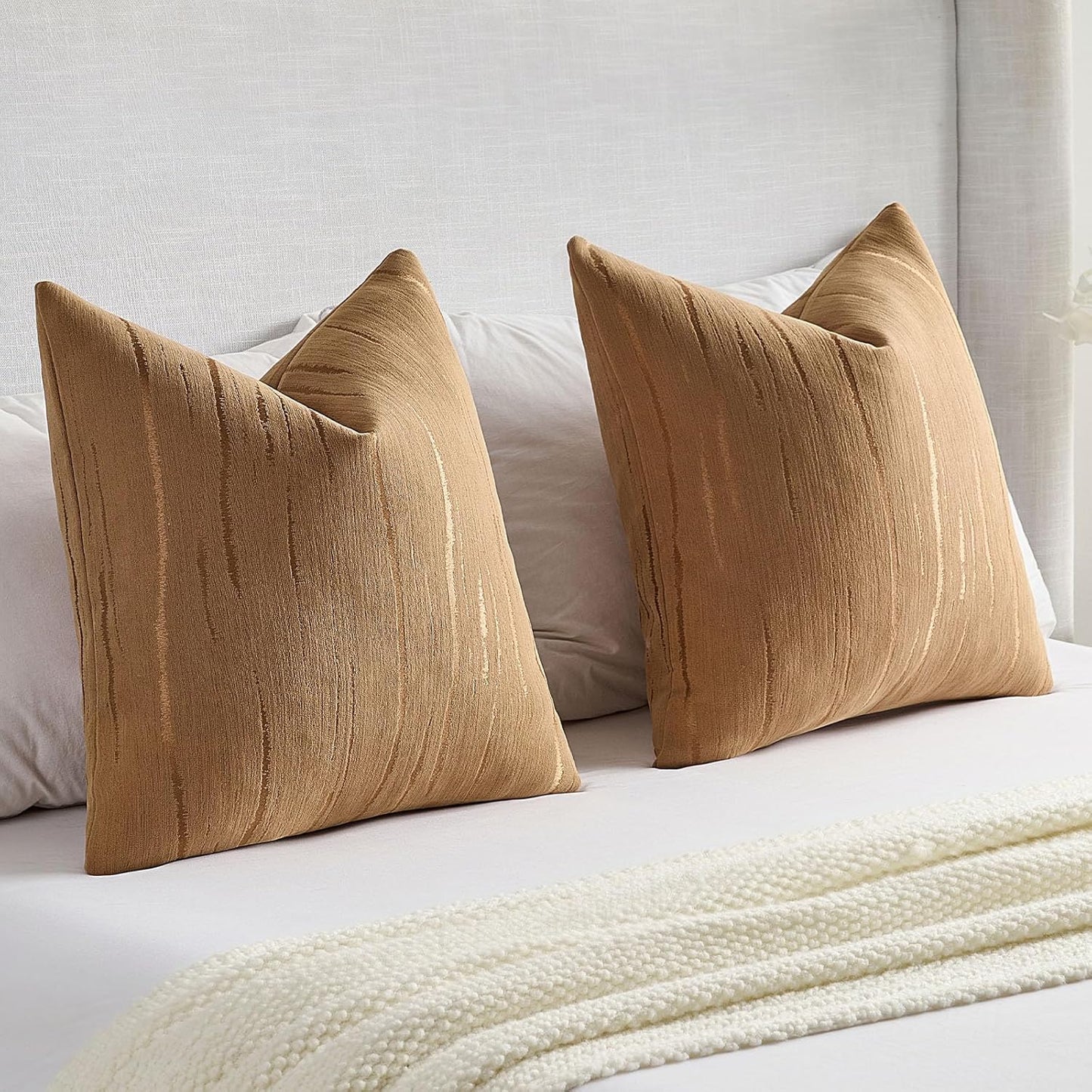FUTEI Bronze Chenille Decorative Throw Pillow Covers 16x16 Inch Set of 2,Soft Embossed Striped Textured Cushion Case,Modern Home Decor for Couch Bed Living Room