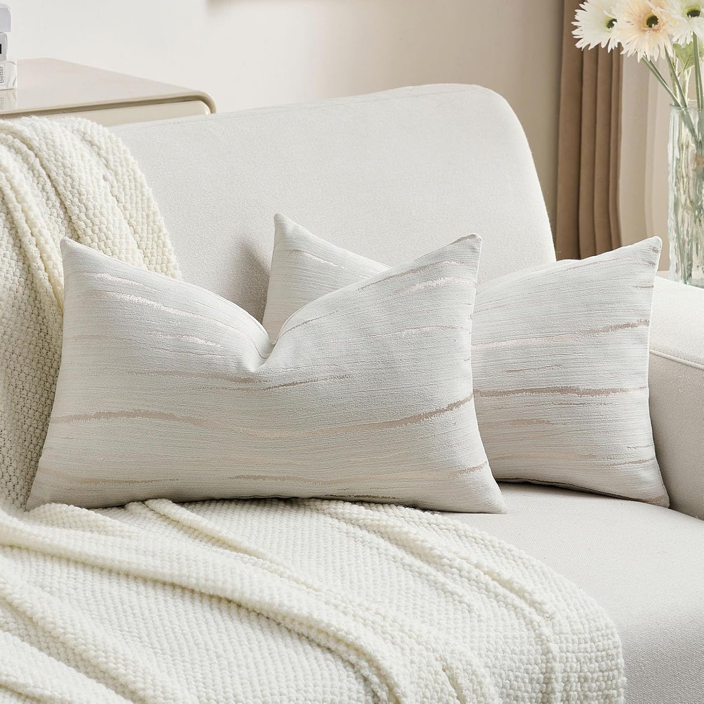 FUTEI Cream Chenille Decorative Throw Pillow Covers 12x20 Inch Set of 2,Soft Embossed Striped Textured Lumbar Pillow Cases,Modern Home Decor for Couch Bed Living Room