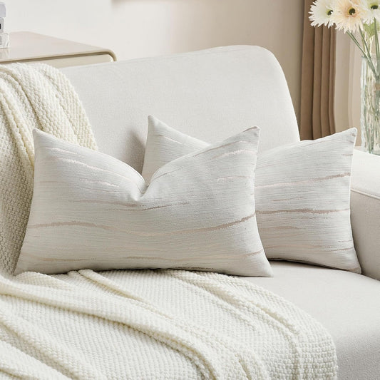FUTEI Cream Chenille Decorative Throw Pillow Covers 12x20 Inch Set of 2,Soft Embossed Striped Textured Lumbar Pillow Cases,Modern Home Decor for Couch Bed Living Room