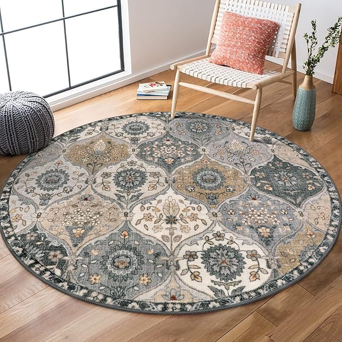 Lahome Moroccan Trellis Round Area Rugs, Washable Small Round Rug 3ft Non-Slip, Soft Vintage Ultra-Thin Circle Carpet for Bedroom Entryway Kitchen Laundry Bathroom, Grey