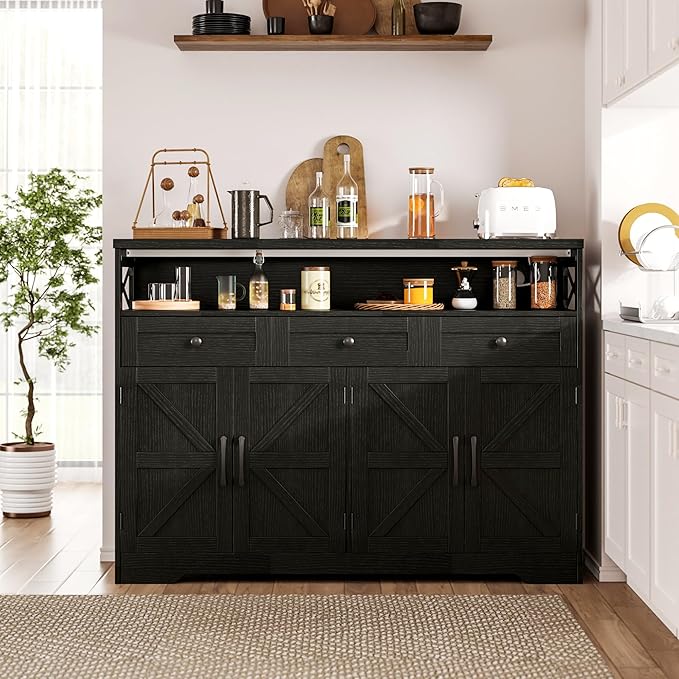 51" Black Buffet Sideboard Cabinet with Storage, Farmhouse Kitchen Storage Pantry Cabinet with Drawers, Wood Cupboard Hutch, Coffee Bar Station Table for Kitchen, Living Room, Dining Room