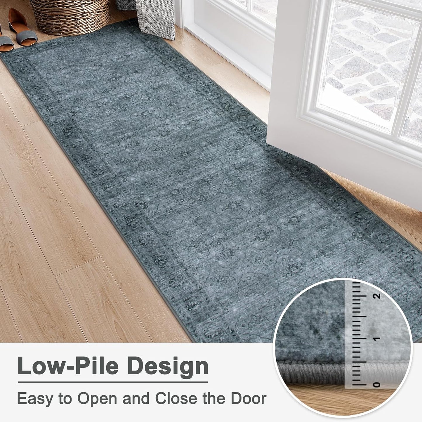 Grey Washable 2x6 Kitchen Runners, Boho Hallway Runner Rug Non Slip with Rubber Backed, Soft Low Pile Throw Carpet for Entryway Bedroom Bedside Entrance(2'x6', Dark Grey)