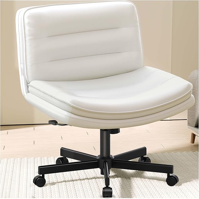 COMHOMA Cross Legged Office Chair with Wheels Armless Office Desk Chair, Modern Vanity Computer Task Chairs for Home Bedroom, Comfortable Wide Seat for Lower Back Pain Relief, PU Leahter, Beige