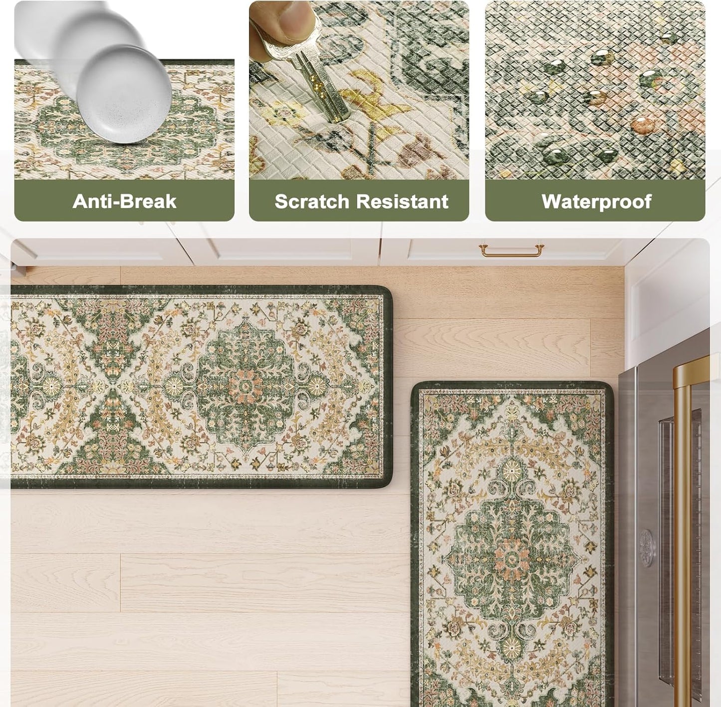 KIMODE Kitchen Mats Cushioned Anti Fatigue, 17"x47"+17"x29" Boho Vintage Kitchen Rugs Sets of 2, Non-Slip Spring Kitchen Mats for Floor, Padded Kitchen Floor Mat for Sink Laundry Desk Green Yellow