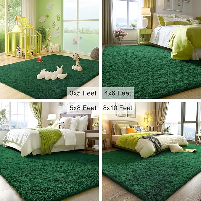 OLANLY Area Rugs for Living Room Bedroom, Machine Washable 4x5.9 ft Soft Fluffy Shaggy Bedside Rug, Indoor Floor Carpet for Kids Girls and Boys, Dorms, Nursery Rooms, Home Decor Aesthetic, Dark Green