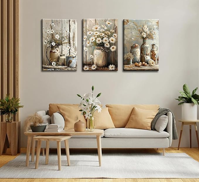 Rustic Farmhouse Daisy Flower Canvas wall art Vintage Country Floral Poster Print Artwork Modern Still Life Nature Botanical Wall Decor for Bedroom, Living Room Bathroom Scene Furniture Decoration