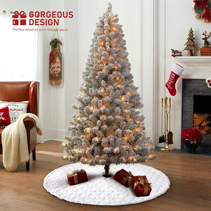 Christmas Tree Skirt 48 inches Faux Fur White Christmas Tree Skirt for Christmas Tree Decorations Winter Holiday Home Christmas Party Ornaments (White/Diamond)