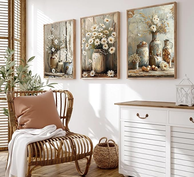 Rustic Farmhouse Daisy Flower Canvas wall art Vintage Country Floral Poster Print Artwork Modern Still Life Nature Botanical Wall Decor for Bedroom, Living Room Bathroom Scene Furniture Decoration