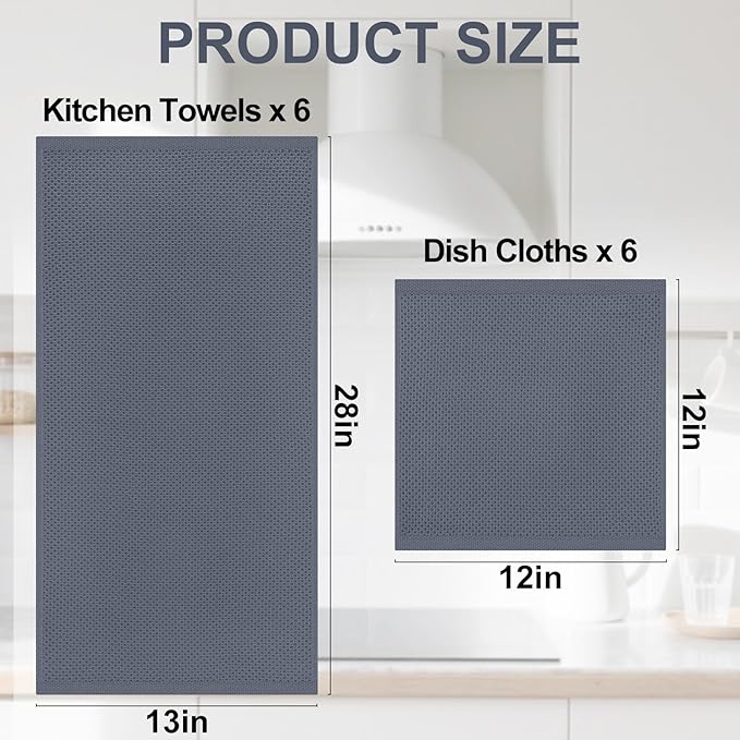 Homaxy 100% Cotton Kitchen Towels and Dishcloths Set, 12 x 12 Inches and 13 x 28 Inches, Set of 12 Bulk Kitchen Towels Set, Ultra Soft Absorbent Dish Cloths for Washing Dishes, Dark Grey