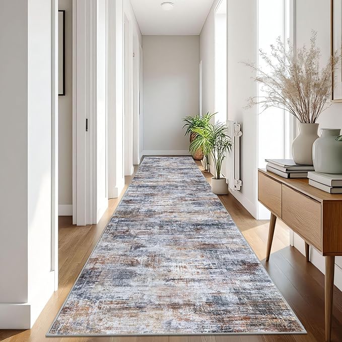 IOHOUZE Abstract Runner Rug 3x16 Ft Washable Runners for Hallways, Non Slip Kitchen Runner Printed Faux Wool Entryway Runner Indoor, Modern Abstract Floor Carpet for Hall Stair, Orange Grey