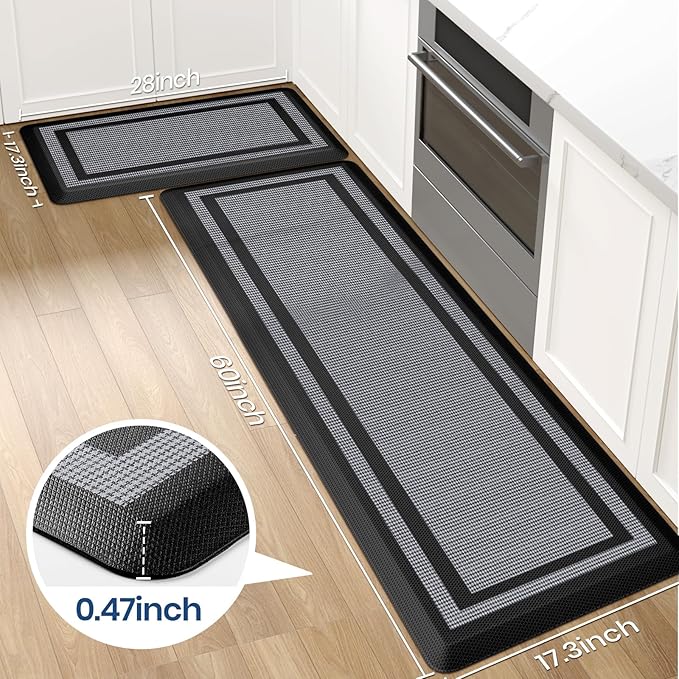KitchenClouds [2 PCS Kitchen Rugs Cushioned Anti-Fatigue Kitchen Mats for Floor Waterproof Kitchen Rug Set Non-Slip Comfort Standing Mat for Office, Sink, Laundry 17.3"×28"+17.3"×60",Black