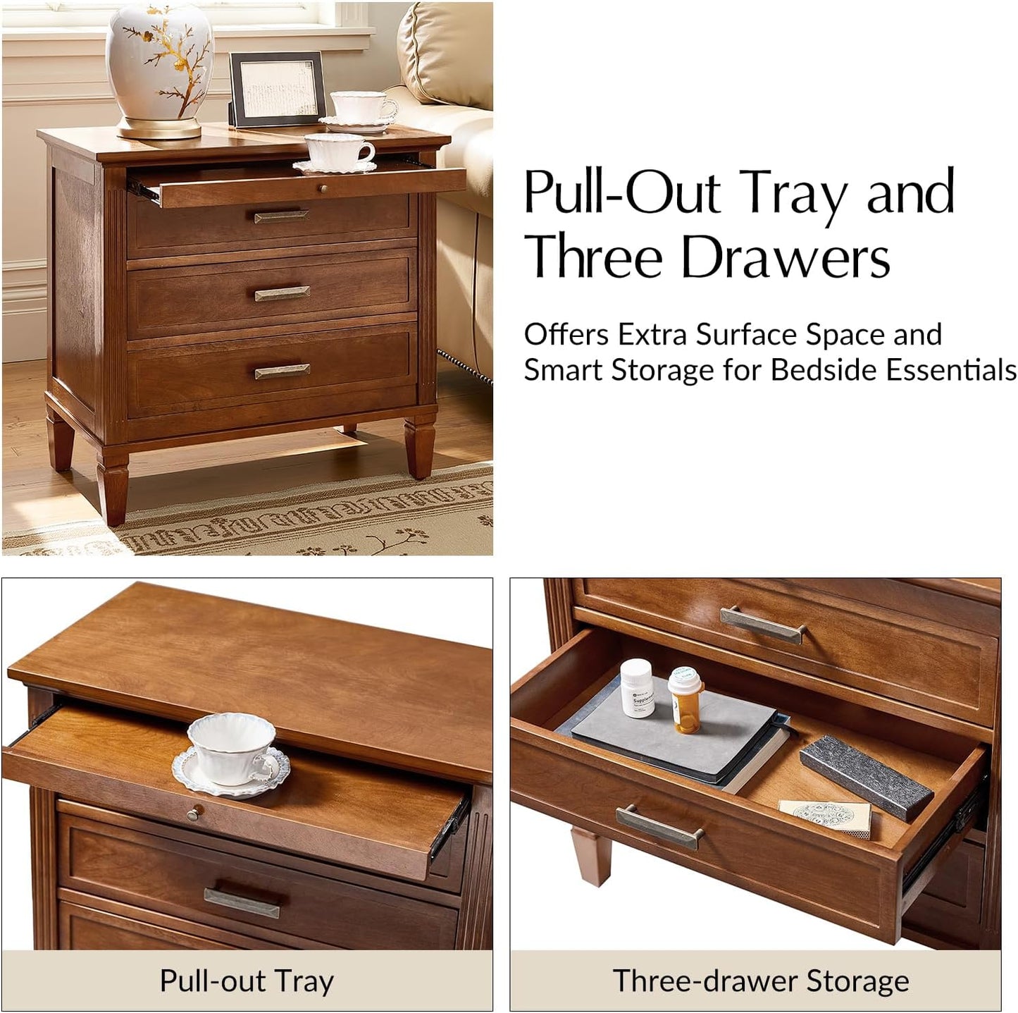 HULALA HOME Farmhouse Nightstand with Charging Station, Pull-Out Tray, 3 Drawers Nightstand with Solid Wood Legs, Wood Veneer Bedside Table with Open Shelf, Walnut