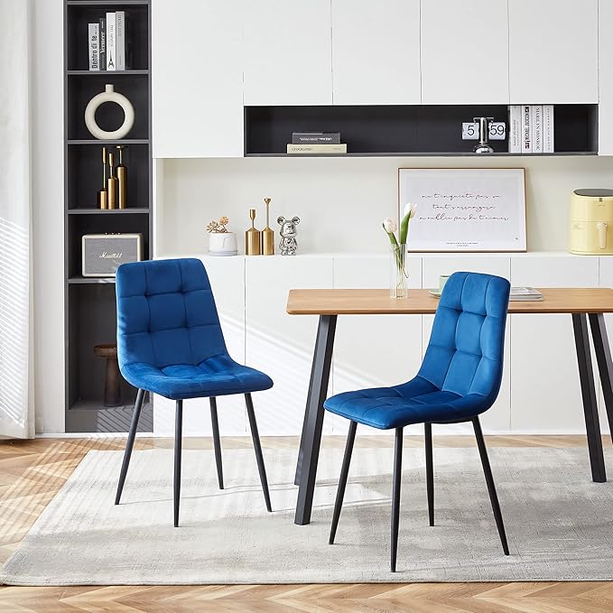Upholstered Dining Chair Set of 4,Mid-Century Home Desk Tufted Pattern Design Side Velvet Elegant Kitchen with Sturdy Metal Legs for Home,Office, Navy Blue, Upholstered Velvet Chair