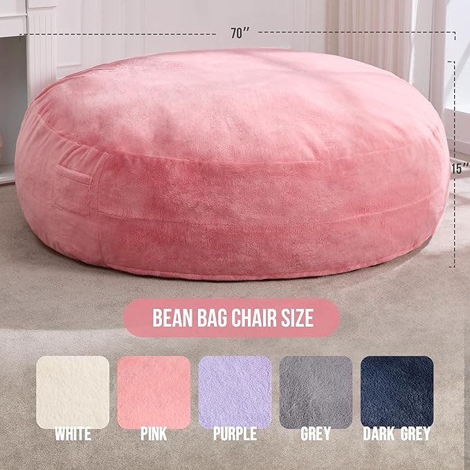 Hobestluk 6ft Bean Bag Chairs for Adults Large Beanbag Chair with Plush Faux Fur Cover Big Bean Bag Chair for Living Room Bedroom Dorm Office - Pink (70" x 70" x 15")