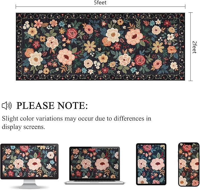 DUKINO 2x5 Runner Rug for Hallway, Washable Kitchen Floral Runner Rug with Non Slip Backing, Low Pile Soft Boho Carpet for Kitchen, Hallway, Entryway, Laundry, Bedroom, Black