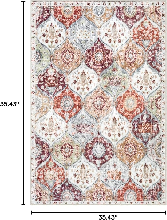 Lahome Moroccan Machine Washable Rugs for Living Room, 4x6 Rug for Bedroom Non-Slip Vintage Trellis Ultra-Thin Throw Carpet for Dining Room Office Nursery, Orange/Terracotta