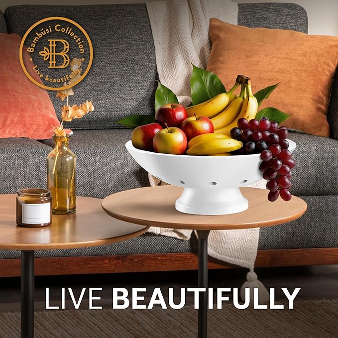 Bambüsi White Fruit Bowl - 11" Large Wooden Pedestal Bowl for Kitchen Counter & Dining Table Centerpiece, Premium Modern Bamboo Fruit Basket & Banana Holder for Fresh Produce, Bread & Home Decor