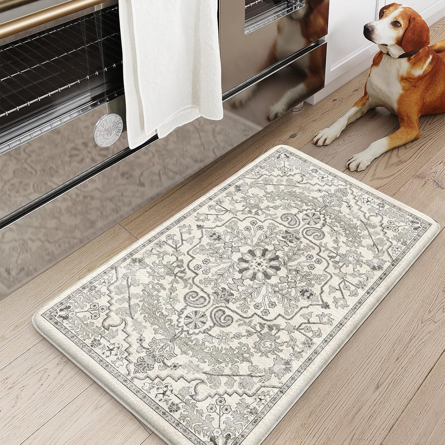 KIMODE Anti Fatigue Kitchen Mat 17.3"x29", Boho Distressed Kitchen Floor Mats Non Slip, Waterproof Kitchen Mat for Floor, Padded Comfort Standing Mat for Laundry, Office, Sink, Desk Grey