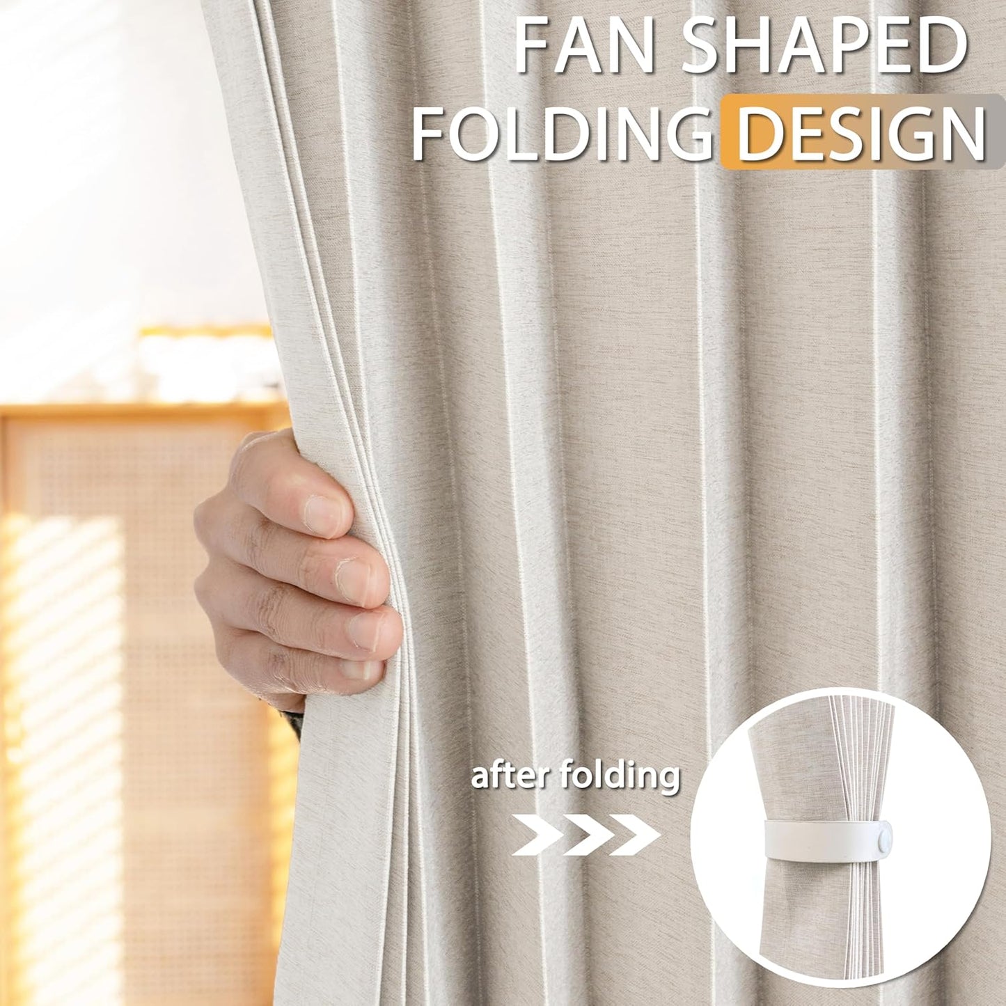 Jubilantex Folding Linen Shower Curtain for Bathroom Beige Waterproof Shower Curtain 1 Panel with 14 Metal Grommets and 1 Tie Back for Hotel,70"x70"