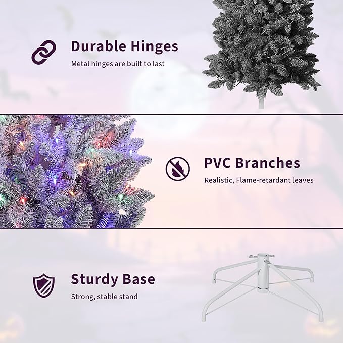 GarveeHome 6Ft Prelit Black Christmas Tree with Lights Halloween Tree Slim Artificial Halloween Christmas Tree Artificial Pencil Tree Automatic Branches for Home, Office, Party Decoration