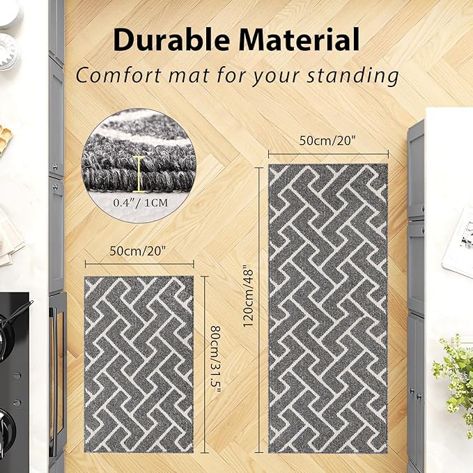 hicorfe Kitchen Rugs and Mats Sets,Non-Slip 2 Pieces Absorbent 100% Polypropylene Rug,Comfort Kitchen Runner Mat,Washable for Kitchen,Sink,Laundry(20" x 31.5" Plus 20" x 48",Grey)