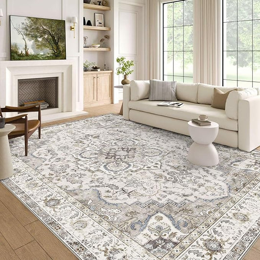 Washable Area Rug 5x7 - Boho Living Room Rug Stain Resistant Soft Bedroom Rug Ultra-Thin Cream Vintage Oriental Farmhouse Dining Room Rugs for Under Table Indoor Carpet for Living Room