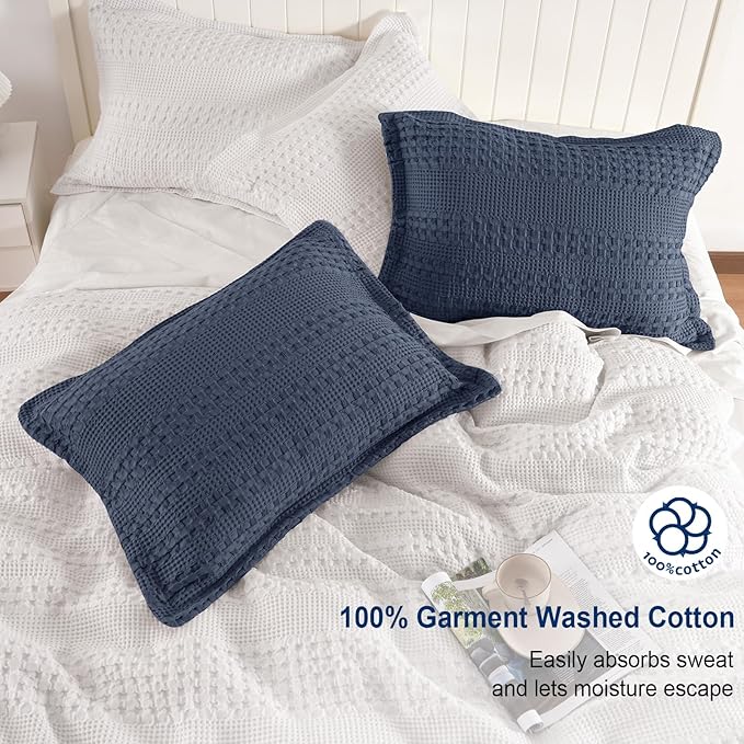 PHF 100% Cotton Ruffle Waffle Pillow Shams Standard Size, 2 Pack 20" x 26" Soft Skin-Friendly Pillowcases, No Filling, Aesthetic Home Decor, Breathable Waffle Weave Bed Pillow Covers, Dark Navy