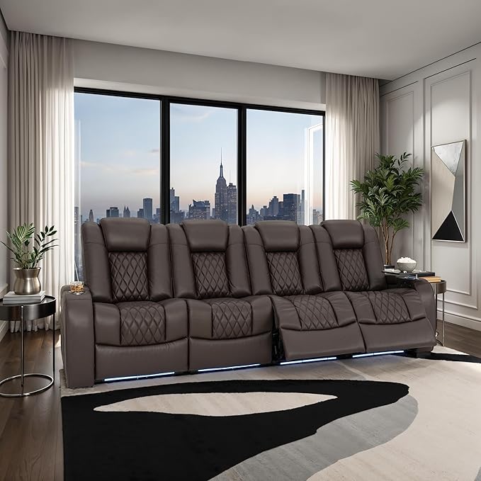 Seatcraft Diamante Zero-Gravity CoolZero Italian Leather Home Theater Seating, Power Headrest, Power Recline, Row of 4 Sofa, Brown