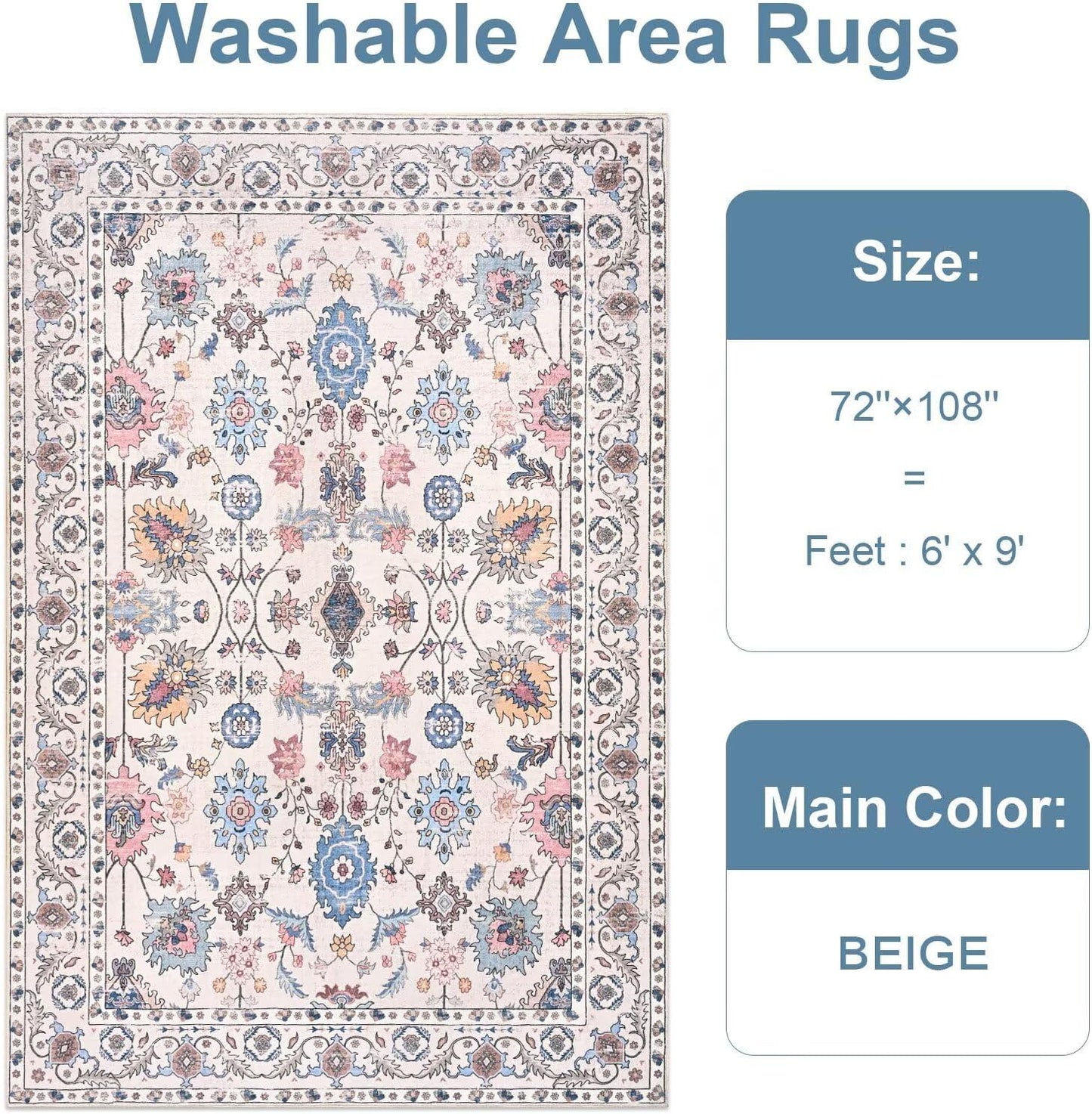 Vasofe 6x9 Rug for Bedroom, Washable Living Room Rugs for Dining Room, Cream Indoor Floor Mat, Vintage Floral Mats for Home Decor, Farmhouse, Laundry Room, Non Slip Low Pile Soft Modern Carpet