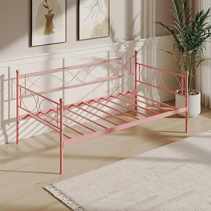 IDEALHOUSE Twin daybed with Trundle, Metal Twin Daybed and Trundle Set, Day Bed Sofa Bed Frame with Steel Slat Support, Multifunctional Daybed Frame for Bedroom (Pink Daybed)