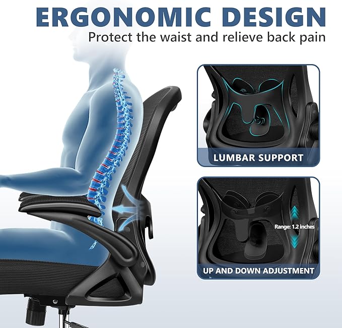 Office Chair Desk Chair, Ergonomic Mesh Computer Chair Home Office Desk Chairs, Swivel Task Chair Mid Back Breathable Rolling Chair with Adjustable Lumbar Support Flip Up Armrest (Black)