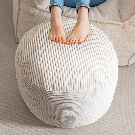 HIGOGOGO Round Stuffed Pouf Ottoman, Corduroy Poufs with Foam Chunk Filling, Corduroy Pouf Foot Stool Storage Ottoman, 26 X 18 Floor Poufs Foot Rest for Living Room, Beige