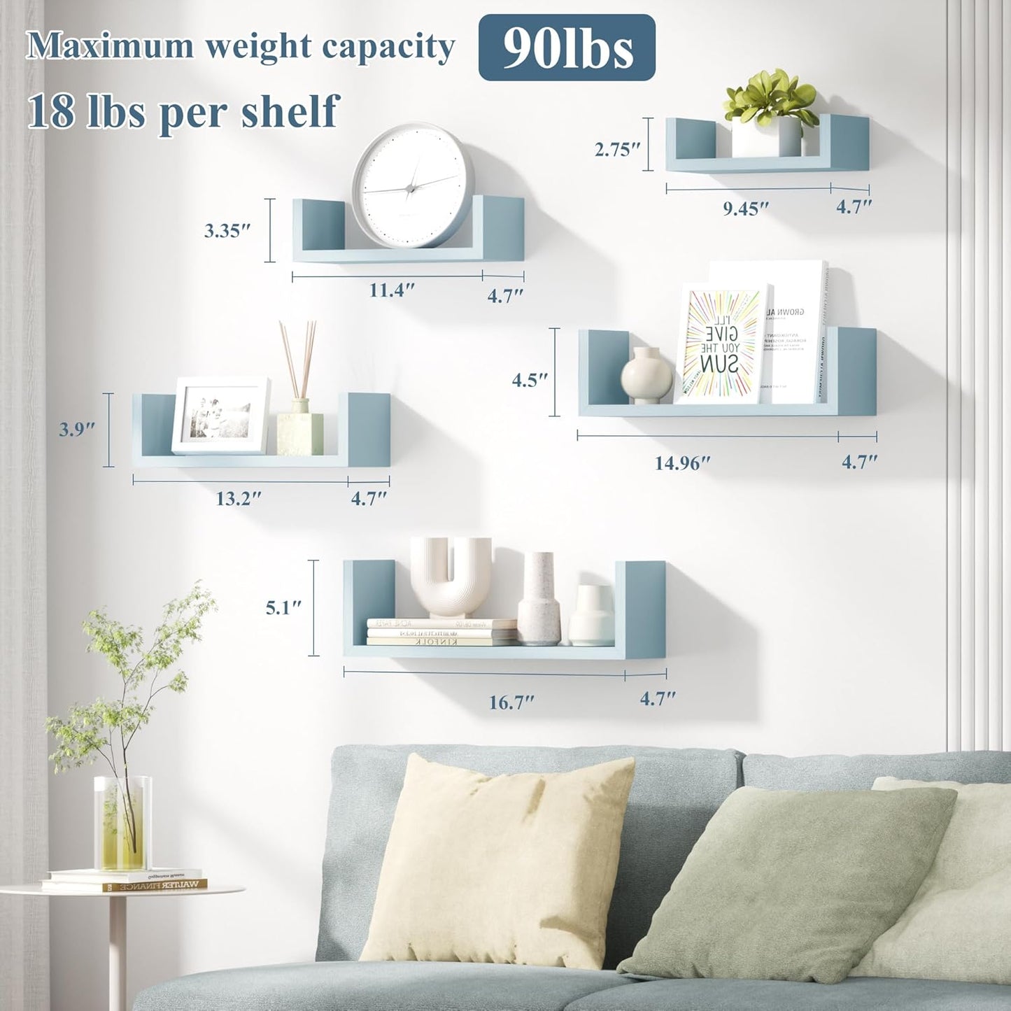 SRIWATANA Floating Shelves for Wall, Wall Shelves for Bathroom, Bedroom, Living Room, Kitchen, Office, Wood Shelves for Wall Decor Set of 5 (Blue)